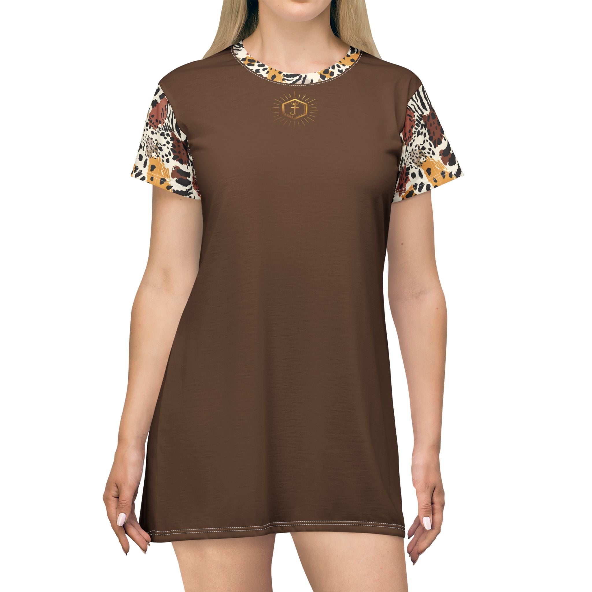 Robe t-shirt marron à manches imprimées safari